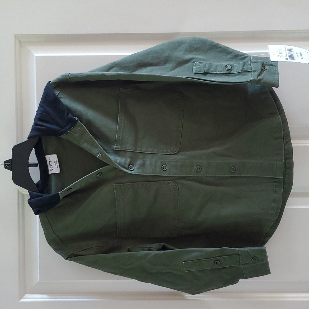 Boys Colorful Planet Army Green Hooded Twill Shacket Size Med 8/10 Shirt NWT